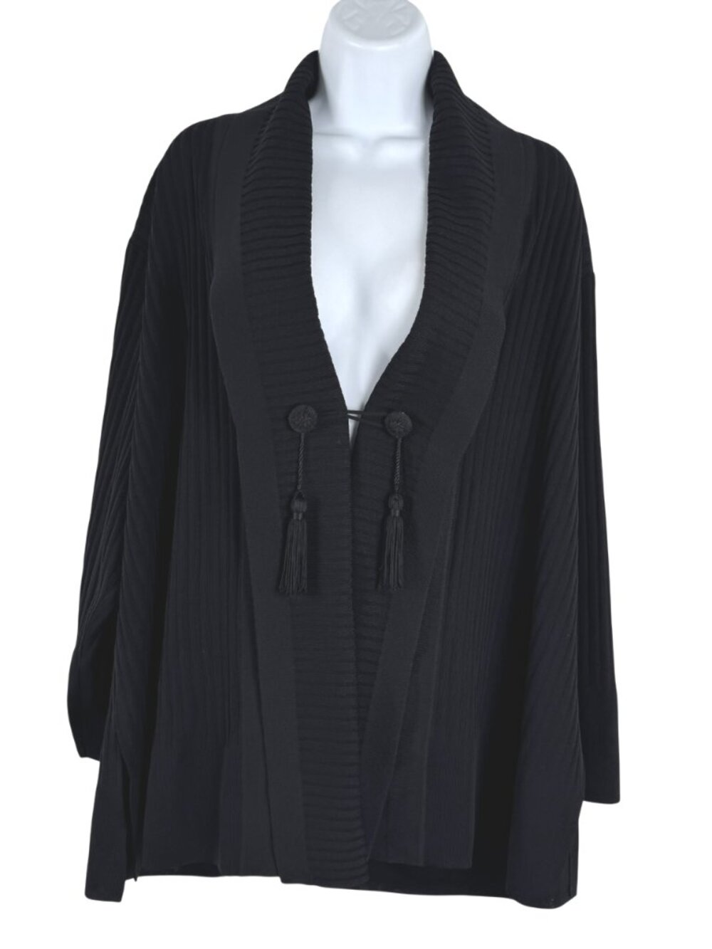 Exclusively Misook Cardigan Jacket Womens 2X Black Tassel‎ Ribbed CJ-2350